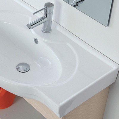 Mobiletto bagno sospeso 81 cm larice con 2 ante completo di lavabo e specchio filo lucido