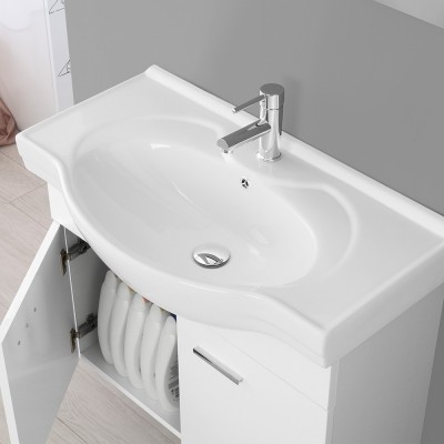 Mobile bagno sospeso moderno 81 cm bianco lucido 2 ante completo di ceramica e specchiera