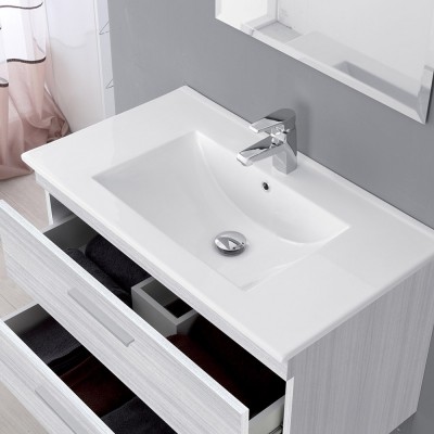 Mobile per bagno sospeso 81x50 cm grigio con cassetti rallentati completo di lavamani e specchiera