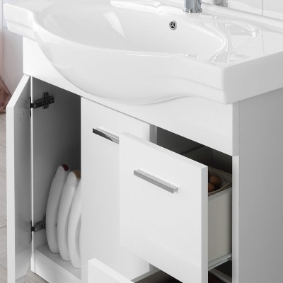 Mobile Bagno Bianco Lucido L. 82.5 cm 2 Ante, 2 Cassetti e Specchiera con Pensile e Luci Feridras - 6