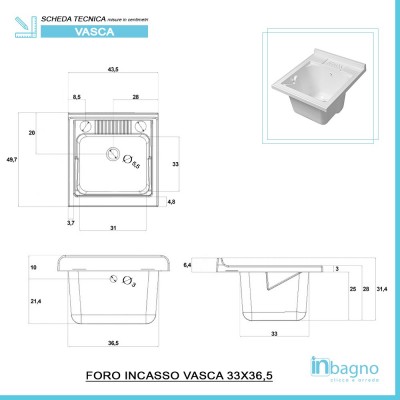 Scheda tecnica vasca lavatoio 45x50 cm in resina resistente agli acidi e ai detergenti chimici aggressivi