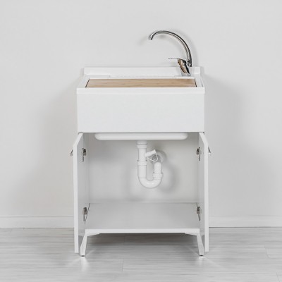 Lavatoio con mobiletto 60x50 cm 2 ante bianco con asse lavatoio in legno e kit di scarico con sifone e piletta