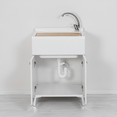 Lavatoio con mobiletto 60x50 cm 2 ante bianco con asse lavatoio in legno e kit di scarico con sifone e piletta