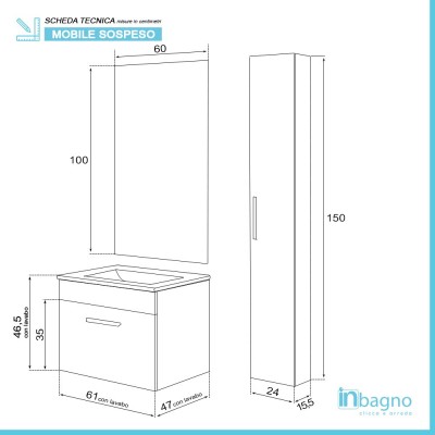 Mobile Sospeso Salvaspazio Rovere Scuro 61 cm  con Pensile Incluso Feridras - 3