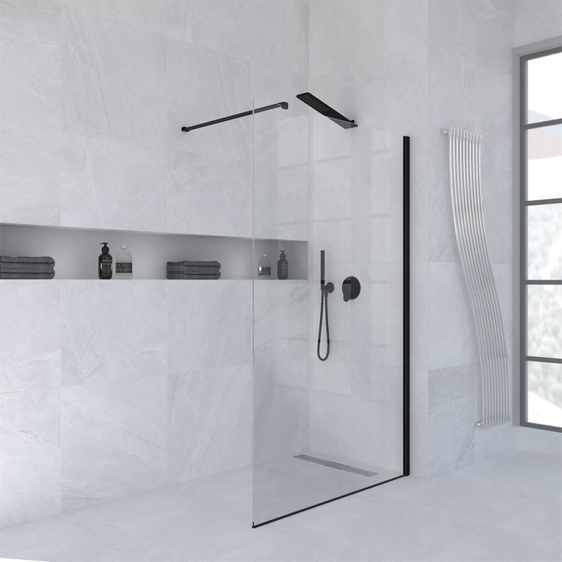 Box doccia parete 120 cm walk-in cristallo trasparente h. 200 cm e profilo Nero Box doccia parete 120 cm walk-in cristallo trasparente h. 200 cm e profilo Nero
