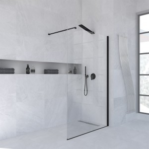 Box Doccia Parete 140 cm walk-in Cristallo Trasparente h. 200 cm Profilo Nero Opaco