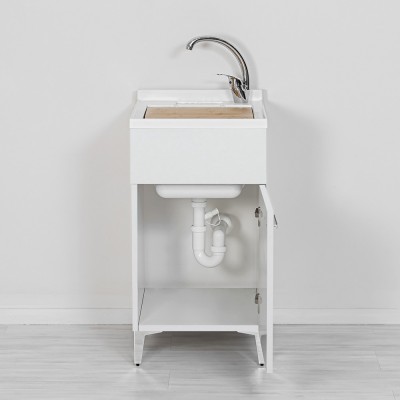 Pilozza con mobile 45x50 cm 1 anta bianco con asse lavatoio in legno e kit di scarico con sifone e piletta