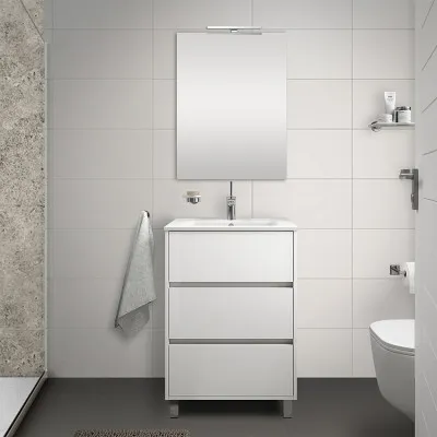 Mobile bagno a terra 60 cm bianco lucido con 3 cassettoni lavabo e specchio Saxsi