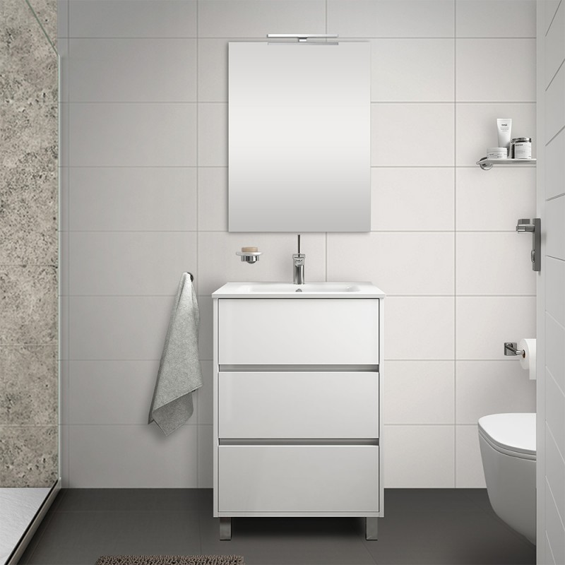 Mobile bagno 60 cm bianco lucido 3 cassettoni lavabo e specchio Saxsi