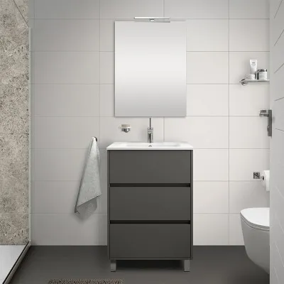 Mobile bagno a terra 60 cm grigio grafite con 3 cassettoni lavabo e specchio Saxsi