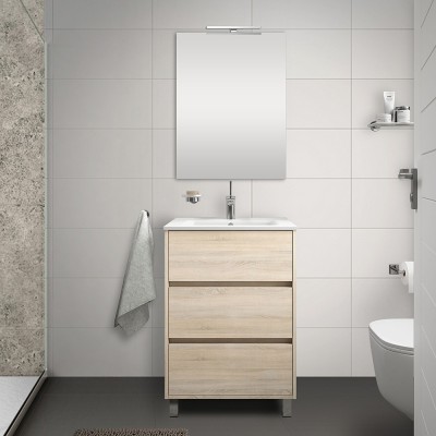 Mobile bagno a terra 60 cm rovere juta con 3 cassettoni lavabo e specchio Saxsi