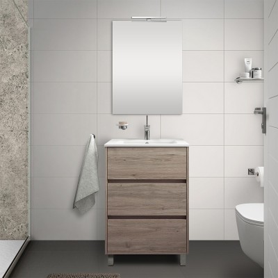 Mobile bagno a terra 60 cm rovere corteccia con 3 cassettoni lavabo e specchio Saxsi