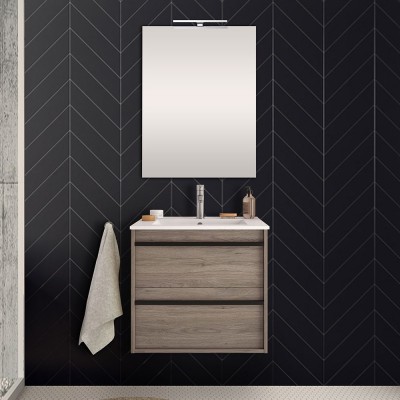 Mobile bagno da 60 cm Nilo rovere corteccia con doppio cassetto lavabo e specchio