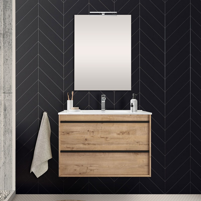 Mobile bagno da 80 cm Nilo rovere oak con doppio cassetto lavabo e specchio