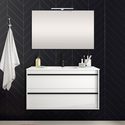 Mobile bagno da 100 cm Nilo bianco lucido con doppio cassetto lavabo e specchio