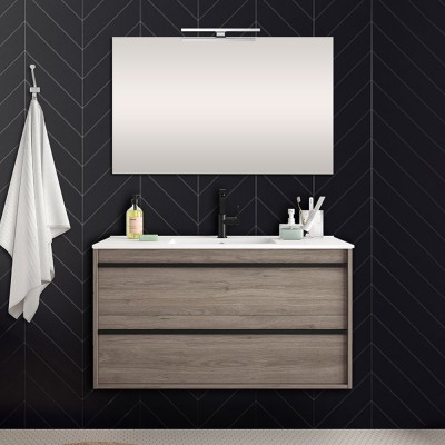 Mobile bagno da 100 cm Nilo rovere corteccia con doppio cassetto lavabo e specchio