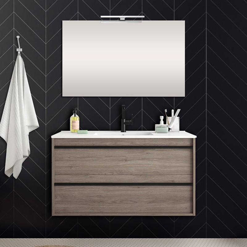 Mobile bagno da 100 cm Nilo rovere corteccia con doppio cassetto lavabo e specchio Mobile bagno da 100 cm Nilo rovere corteccia con doppio cassetto lavabo e specchio