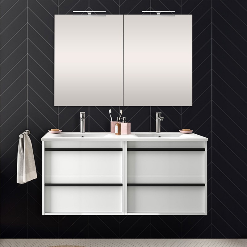 Mobile bagno da 120 cm Nilo bianco lucido con 4 cassetti lavabo e 2 specchi