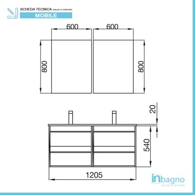 Mobile bagno da 120 cm Nilo rovere corteccia con 4 cassetti lavabo e 2 specchi