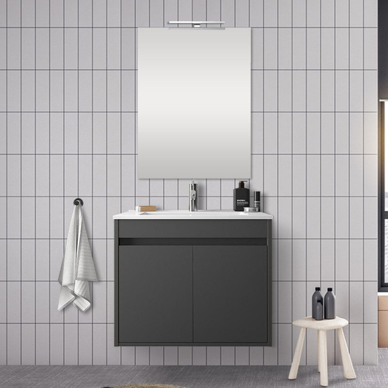 SPECCHIO E LUCE GRIGIO GRAFITE MOBILE BAGNO ECONOMICO 58 CM CON LAVABO IN CERAMICA 