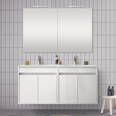 Doppio mobile da 120 cm con 4 ante, doppio lavabo e specchio Mavi bianco lucido