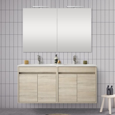 Doppio mobile da 120 cm con 4 ante, doppio lavabo e specchio Mavi rovere juta