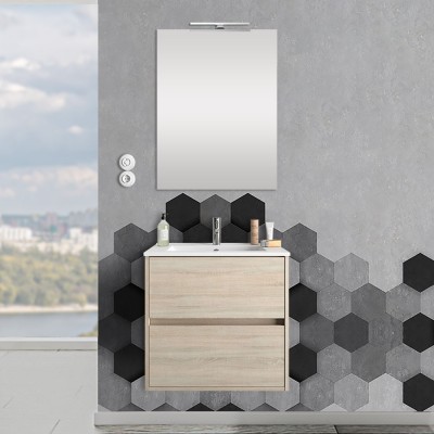 Mobile sospeso 70 cm Mavi 2 cassetti rovere juta con lavabo e specchio