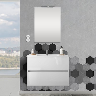 Mobile sospeso 80 cm Mavi 2 cassetti bianco lucido con lavabo e specchio