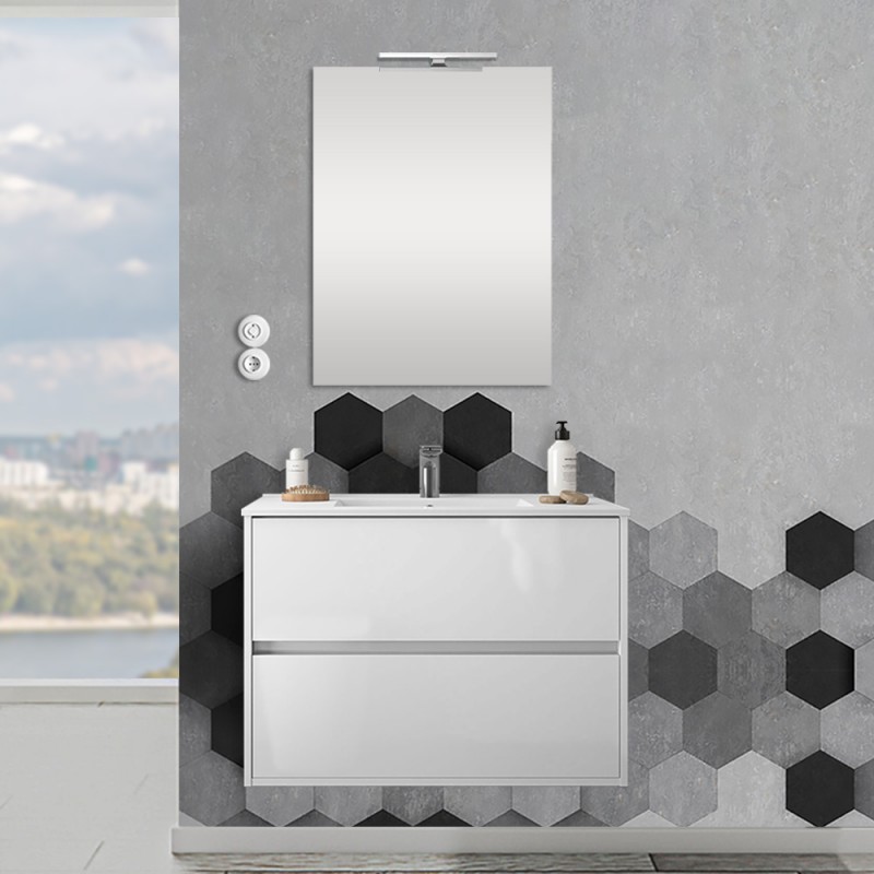 Mobile sospeso 80 cm Mavi 2 cassetti bianco lucido con lavabo e specchio Mobile sospeso 80 cm Mavi 2 cassetti bianco lucido con lavabo e specchio