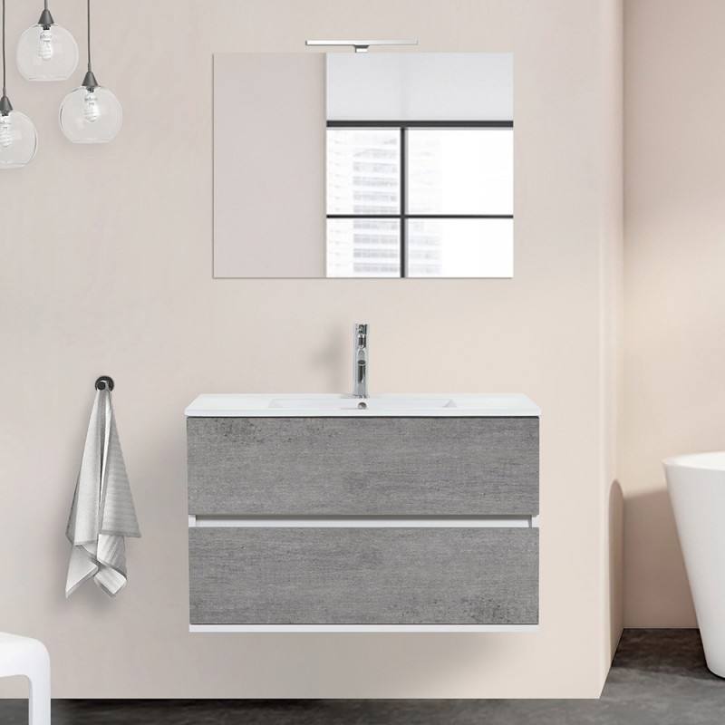 Mobile bagno sospeso 90 cm Duble grigio industrial completo di lavabo e specchio