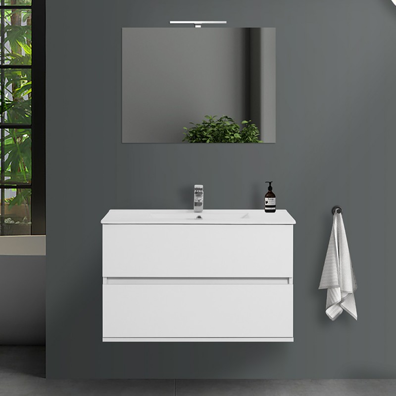 Mobile bagno sospeso 90 cm Duble bianco lucido completo di lavabo e specchio