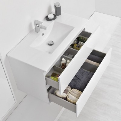 Mobiletto bagno sospeso 90 cm Duble bianco lucido completo di lavabo e specchio