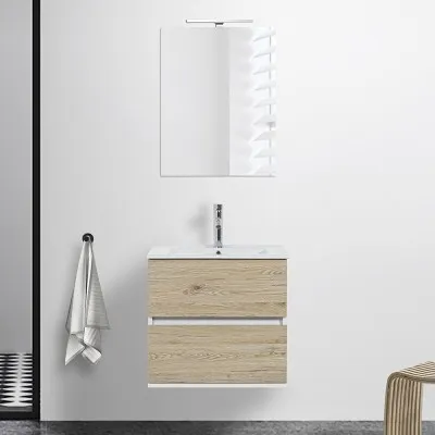 Mobile bagno sospeso 60 cm Duble rovere africa con lavabo e specchio
