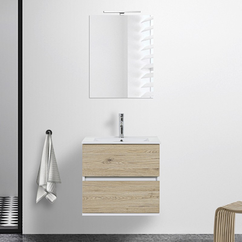 Mobile bagno sospeso 60 cm Duble rovere africa con lavabo e specchio Mobile bagno sospeso 60 cm Duble rovere africa con lavabo e specchio