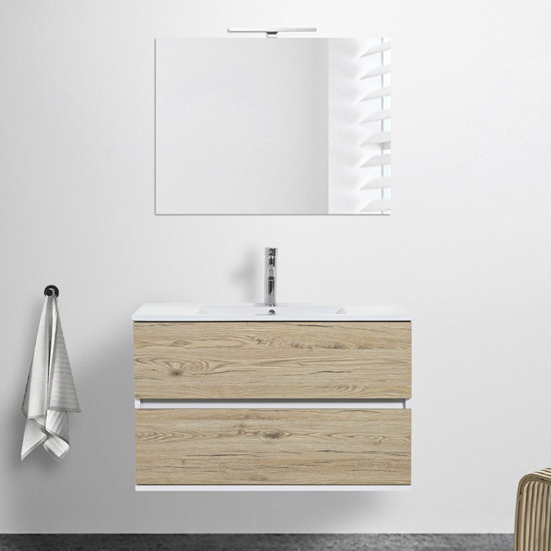 Mobile bagno sospeso 90 cm Duble rovere africa completo di lavabo e specchio