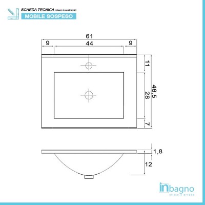 Scheda tecnica lavabo in ceramica bianca lucida del mobile bagno sospeso 60 cm Duble