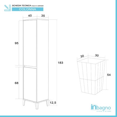 Scheda tecnica colonna bagno con cesto portabiancheria L. 40 cm linea Way rovere chiaro