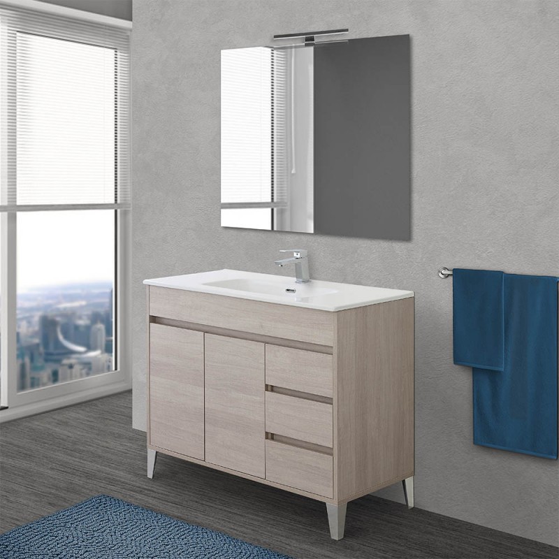 Mobile bagno da terra 100 cm linea Way rovere chiaro con specchio e lavabo