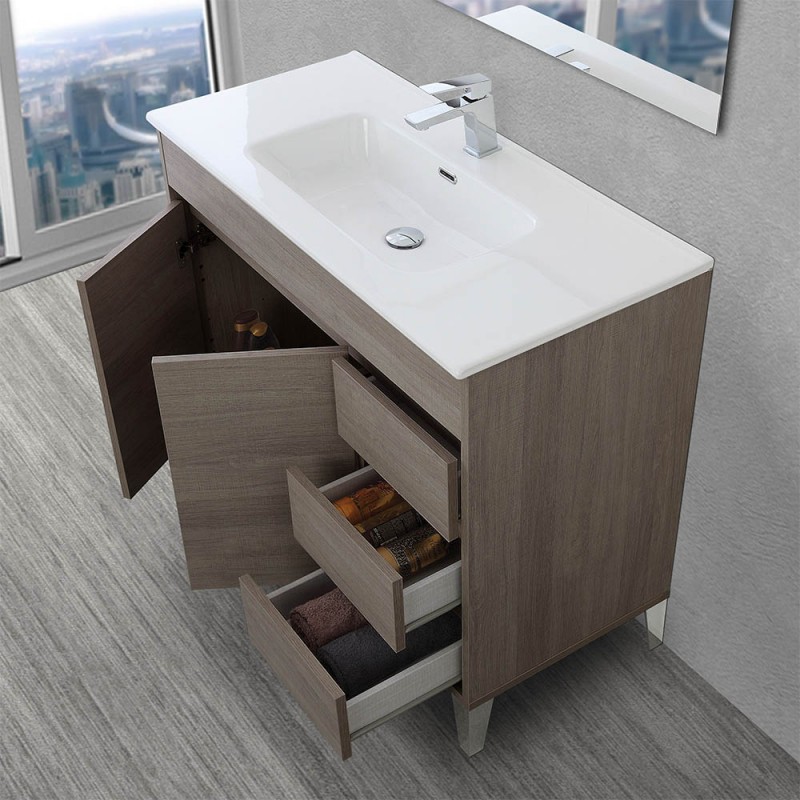 Mobile Bagno ALASKA 80 Cm Con Lavabo In Resina Nera E Specchio LED. 3 Cassetti Con Chiusura Rallentata, Produzione Europea. - 4