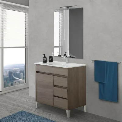 Mobile bagno da terra 80 cm linea Way rovere scuro con specchio e lavabo