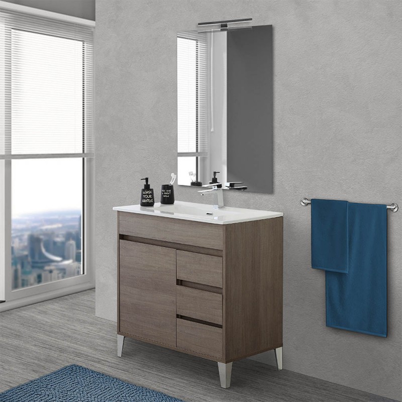 Mobile bagno da terra 80 cm linea Way rovere scuro specchio e lavabo