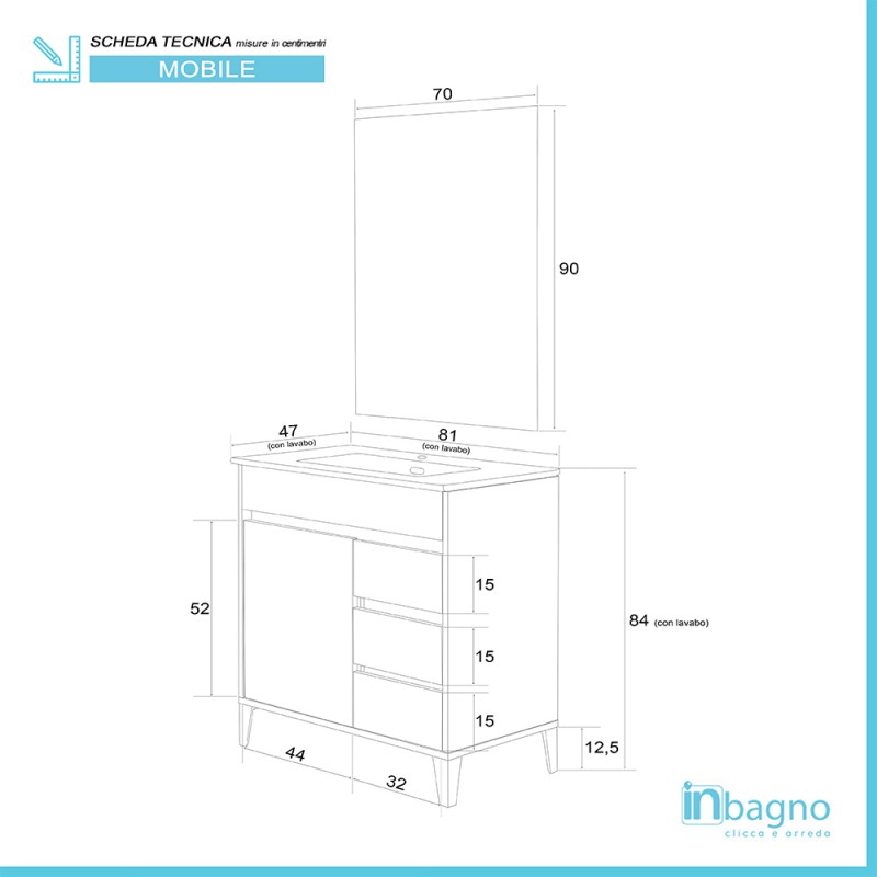 Lomadox Mobile Bagno LUTON-56 Con Lavabo In Ceramica E Specchio | 80 Cm | Bianco Lucido E Rovere | 3 Pezzi