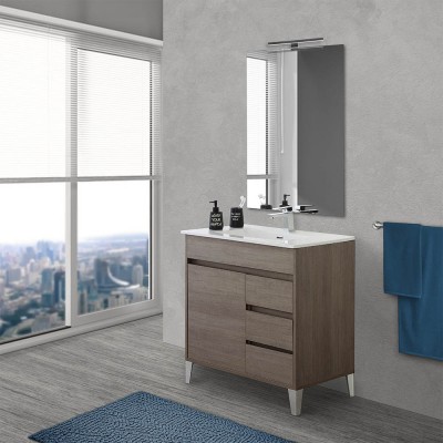 Mobile bagno da terra 80 cm rovere scuro con specchio e lavabo