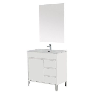 Mobile bagno a terra da 80 cm linea Way bianco lucido con specchio e lavabo