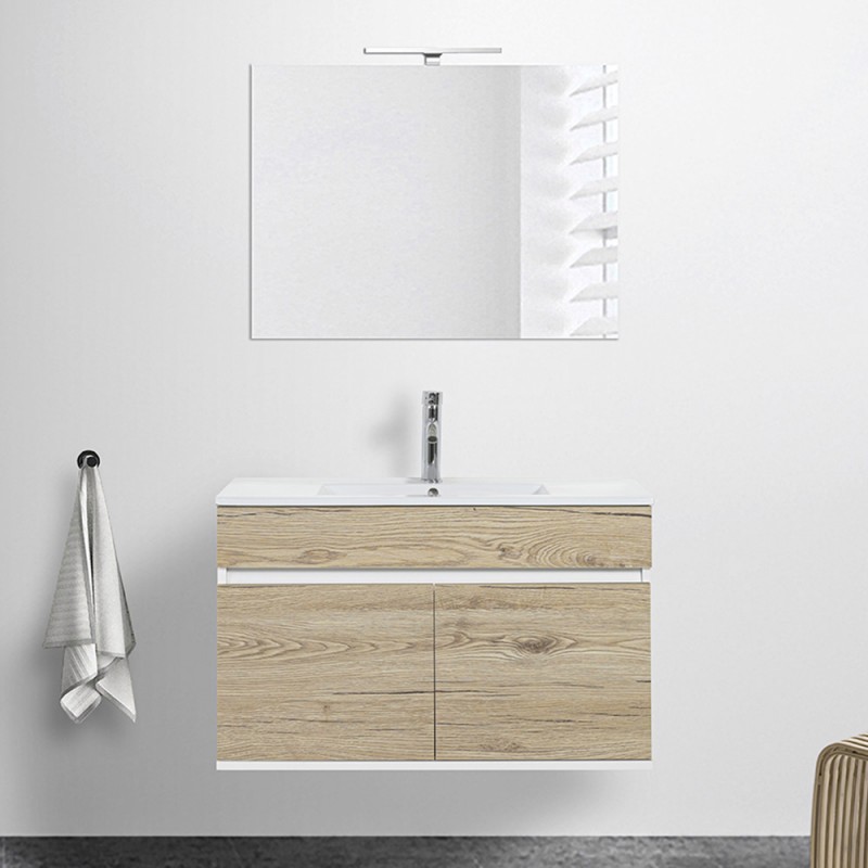 Mobile bagno sospeso da 90 cm Duble rovere africa con lavabo e specchio Mobile bagno sospeso da 90 cm Duble rovere africa con lavabo e specchio
