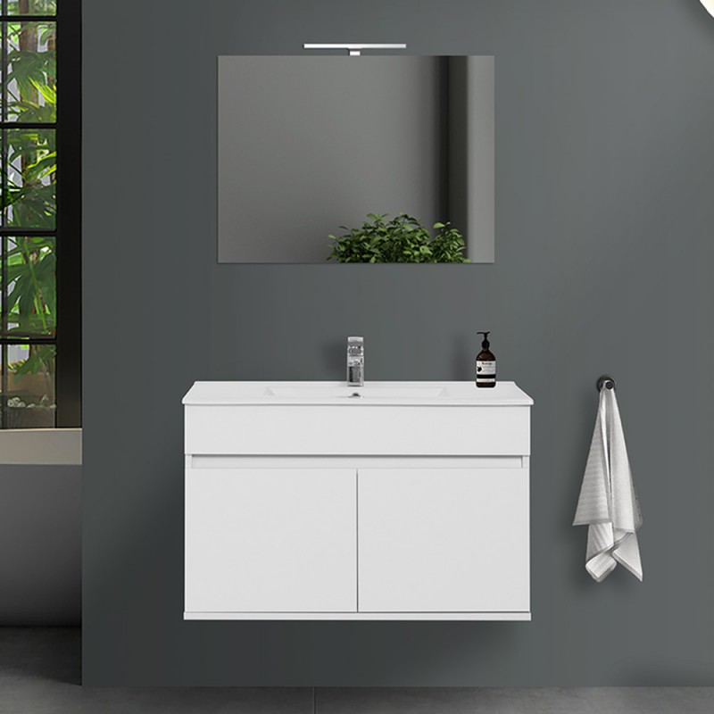 Mobile bagno sospeso da 90 cm Duble bianco lucido con lavabo e specchio