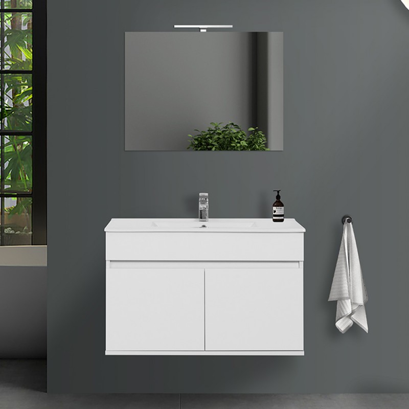 Mobile bagno sospeso 90 cm Duble bianco lucido con lavabo e specchio