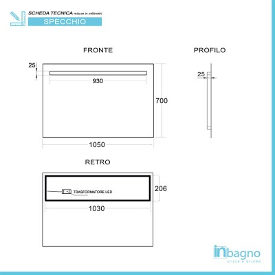 Scheda tecnica specchiera bagno 105x70cm con fascia LED superiore