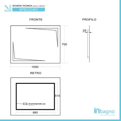 Scheda tecnica specchio bagno con luci LED 105x70cm installazione reversibile