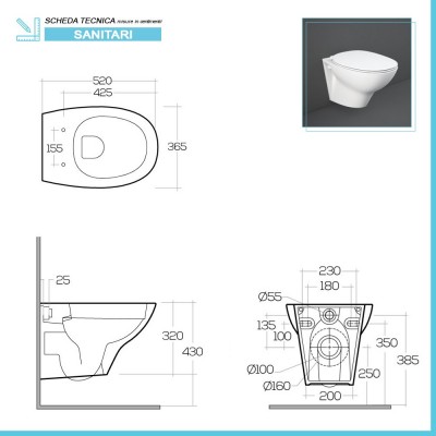 Scheda tecnica tazza bagno sospesa rimless Morning in ceramica bianca con scarico a parete
